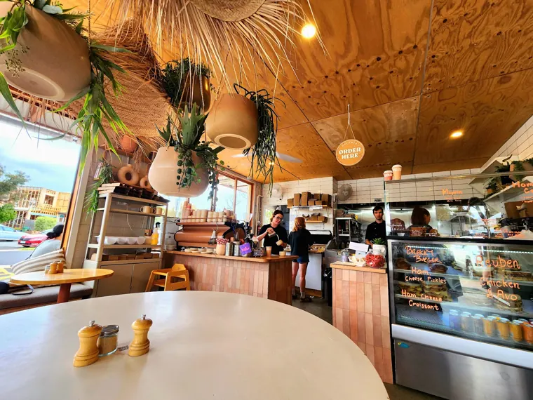Inside Dreamer: hanging plants and straw pendants over the coffee counter and a cabinet with chalk labels